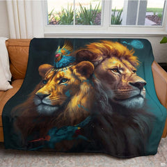Close-up perspective of feathered crown and intense lion eyes on throw blanket
