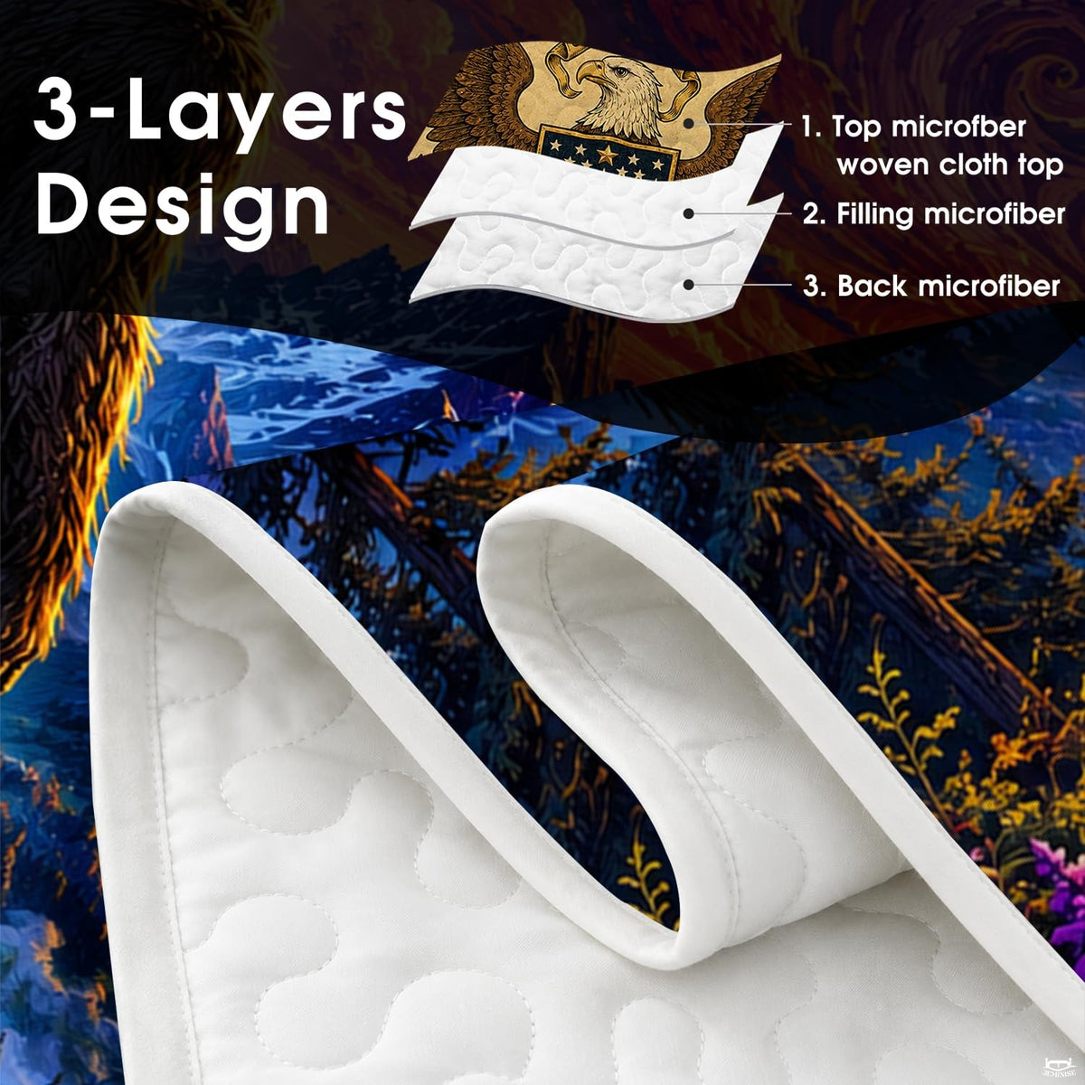 Top-down view of the expressive painterly mountain landscape and swirling sunset bedding set