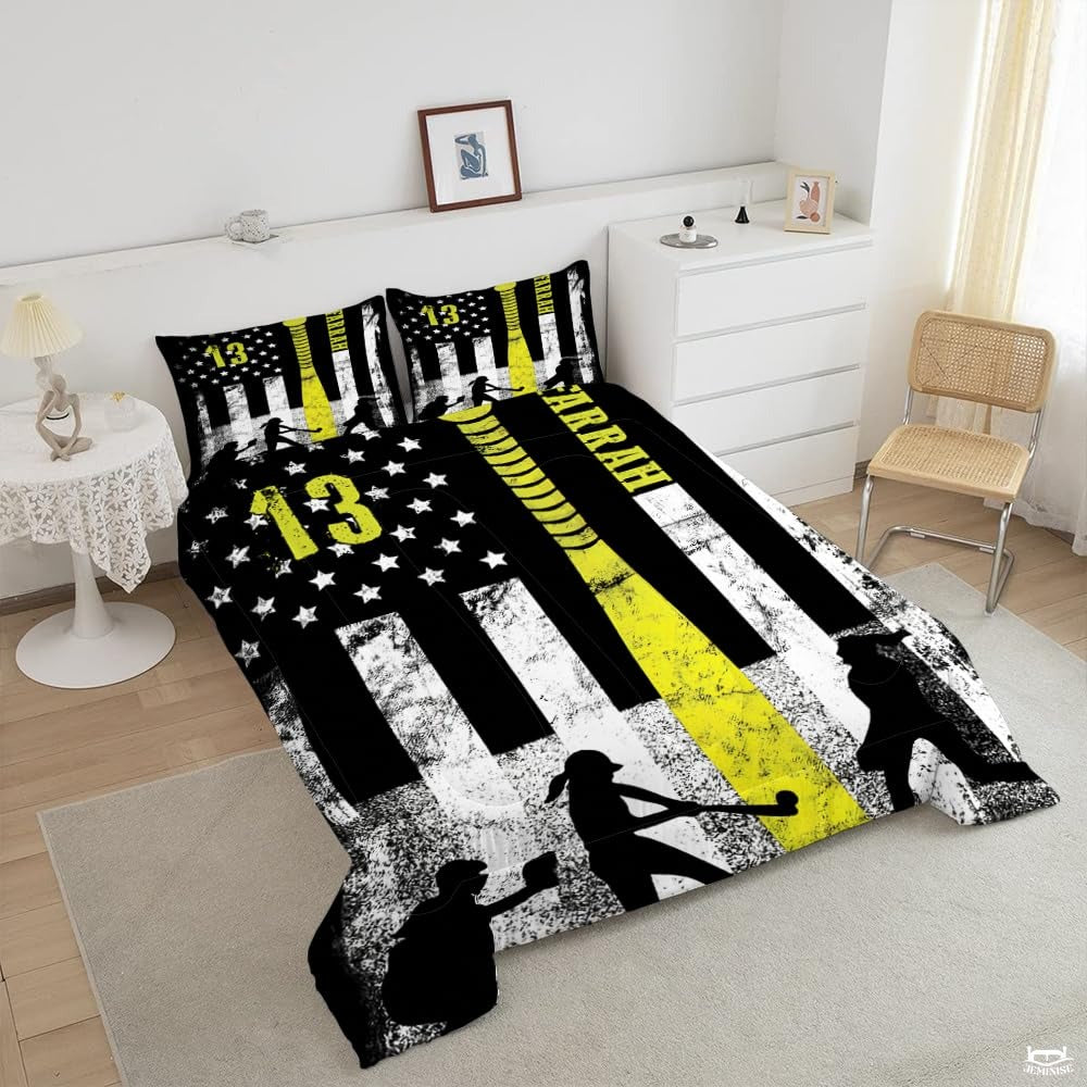 Softball Lover Comforter Set – Teal & Yellow Ball Sports Theme Bedding for Girls, Women and Teens, Soft Cozy Decorative Bedroom Set in Twin, Queen, King