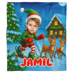 Christmas elf on reindeer-drawn sled in snowy alpine scene, view 6.