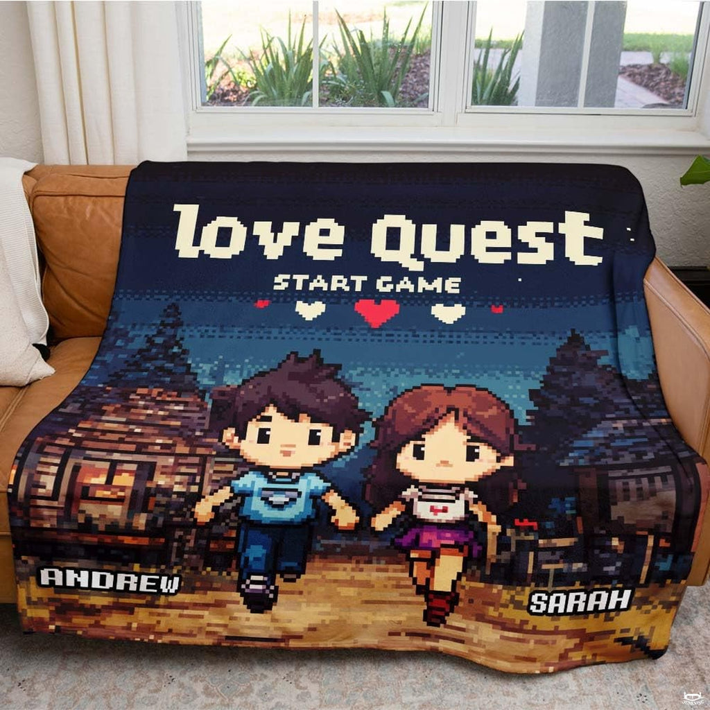 8-bit pixel art couple in RPG village with pixel hearts and retro typography, view 3.