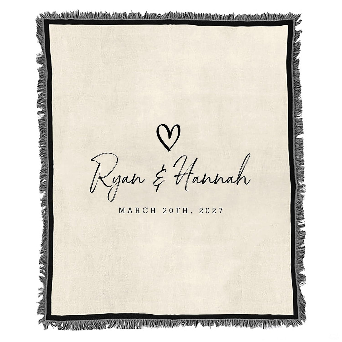 Close-up of textured woven background and colorful border fringe on a romantic keepsake blanket