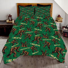Emerald green bedding set featuring an all-over repeating pattern of a walking mythical forest ape