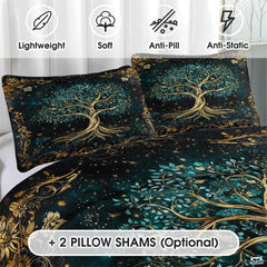 Fantasy Nature Tree of Life Quilt Set with Entwined Golden Roots And Bedroom Setting