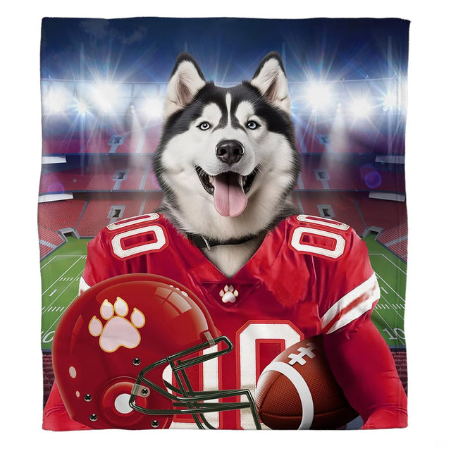 Husky football player bedding set showing athletic dog holding helmet under glowing arena lights.