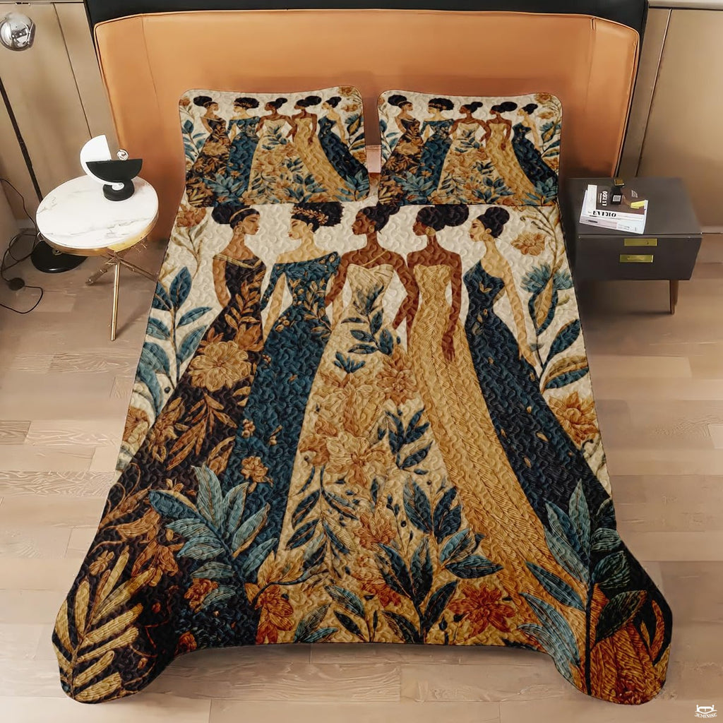 Bedroom display of five fashion-illustration figures surrounded by leaves and flowers