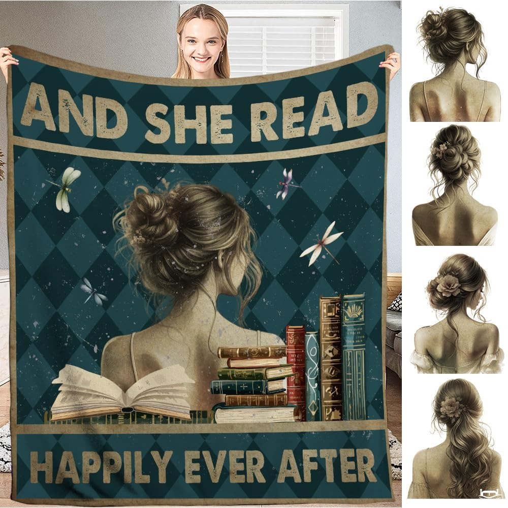 Personalized Teal Argyle Reading Girl with Books Throw Blanket - Book