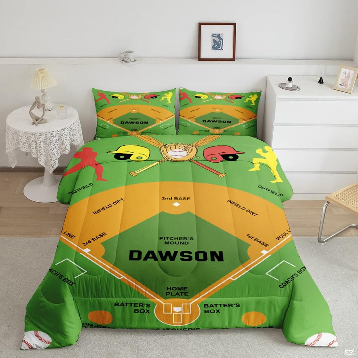 Lime green baseball helmet graphic sports bedding set displayed neatly on a bed in a modern youth bedroom