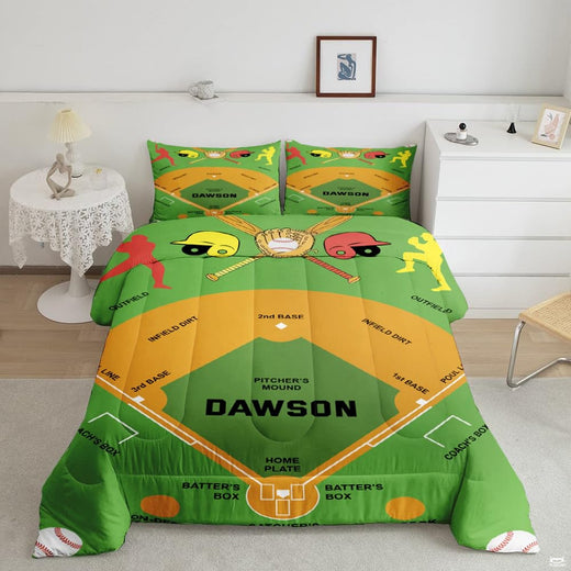 Lime green baseball helmet graphic sports bedding set displayed neatly on a bed in a modern youth bedroom