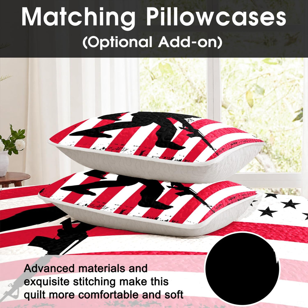 Bedroom presentation highlighting patriotic tactical Bigfoot bedding design paired with dark wood tones.