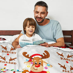 Christmas reindeer buffalo plaid throw blanket held open showing festive red check snowflake borders