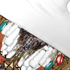 Detail of white feather bundles, braided cords, beads, and geometric pattern