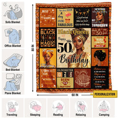 Folded golden birthday milestone collage throw blanket resting on wooden table displaying gold panels