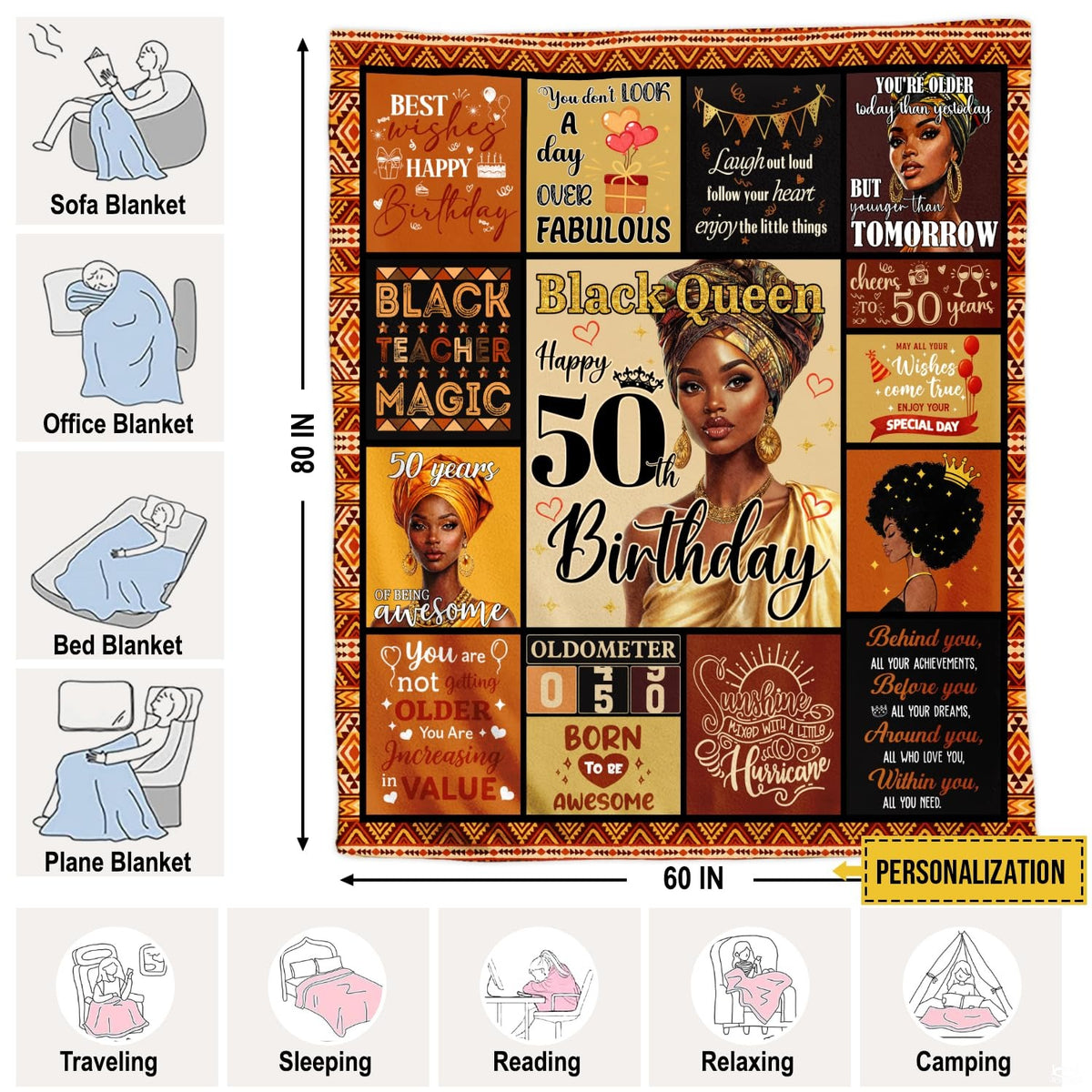 Folded golden birthday milestone collage throw blanket resting on wooden table displaying gold panels