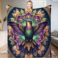 Hummingbird mandala blanket featuring an iridescent hummingbird centered on an ornate floral medallion.