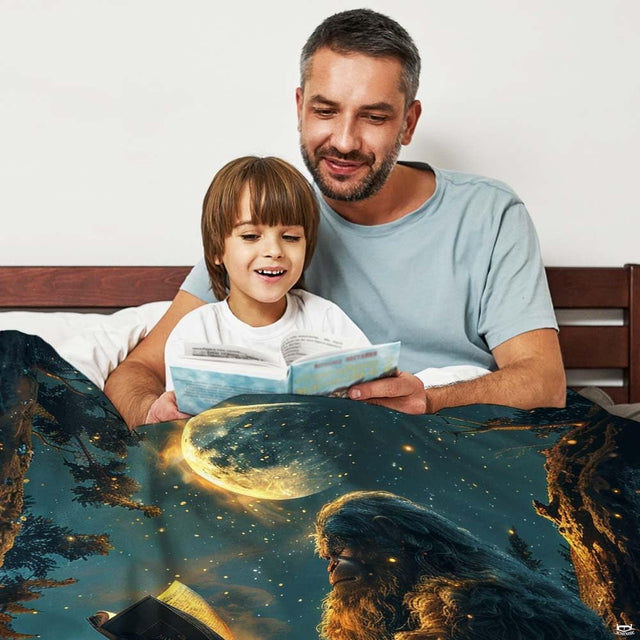 Reading Bigfoot forest night throw blanket view 2 styled on living room couch in modern home