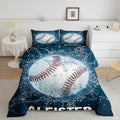 Steel blue baseball helmet graphic sports bedding set displayed neatly on a bed in a modern youth bedroom