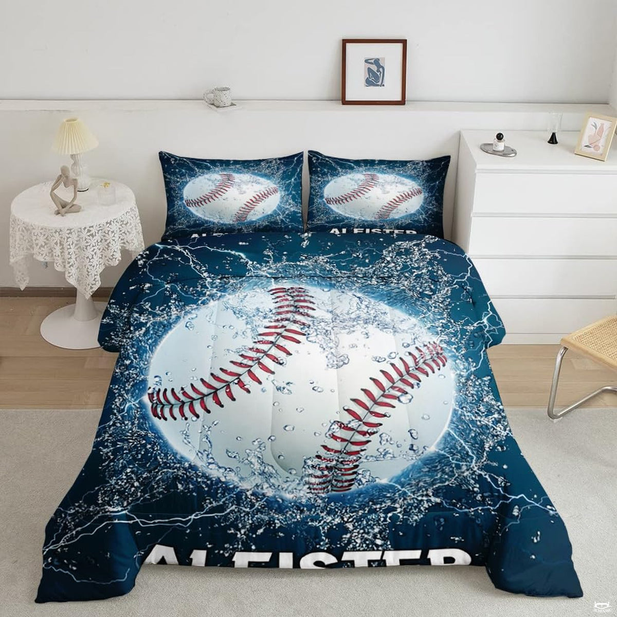 Steel blue baseball helmet graphic sports bedding set displayed neatly on a bed in a modern youth bedroom