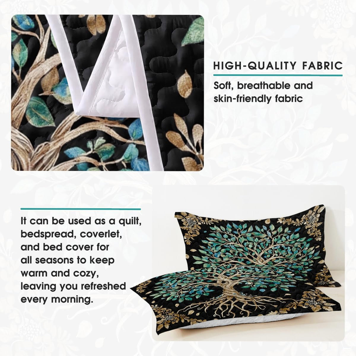 Complete bohemian bedroom interior featuring Celtic Tree of Life teal and gold bedding and matching pillow covers