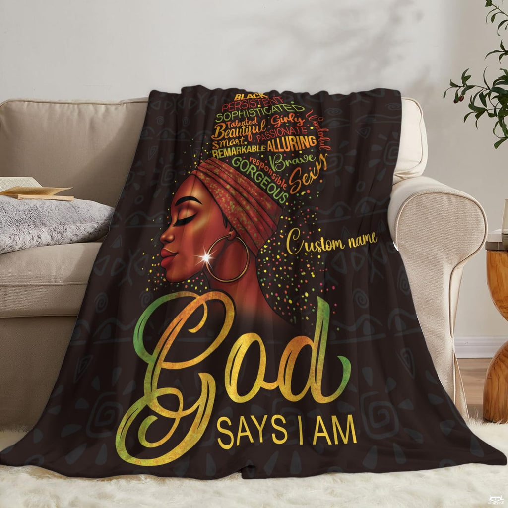 Side angle perspective displaying rich chocolate brown ground and rainbow lettering on the blanket