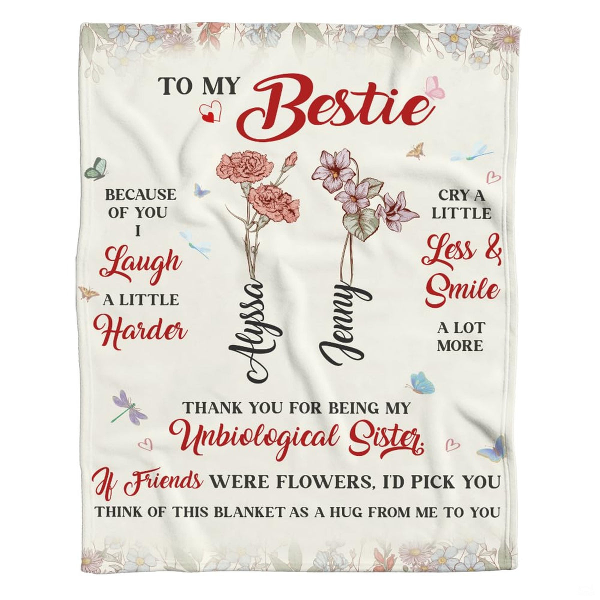 Folded display of botanical blossoms blanket showing edge hem finish and clear graphic print quality.