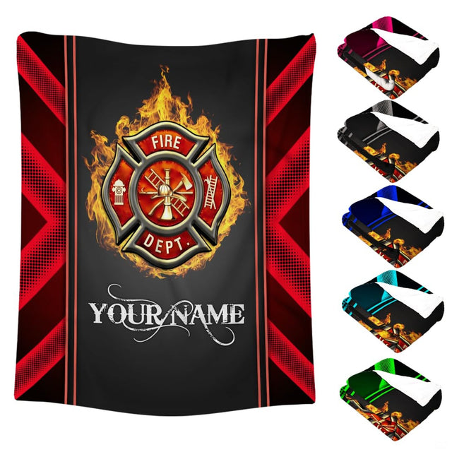 Flaming firefighter Maltese cross throw blanket featuring golden fire flames and red halftone hazard stripes on black