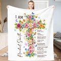 Christian floral cross faith blanket featuring wooden cross adorned with garden flowers and butterflies.