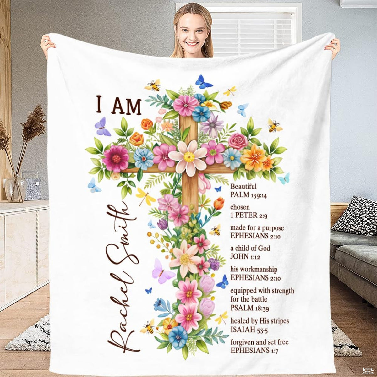 Christian floral cross faith blanket featuring wooden cross adorned with garden flowers and butterflies.