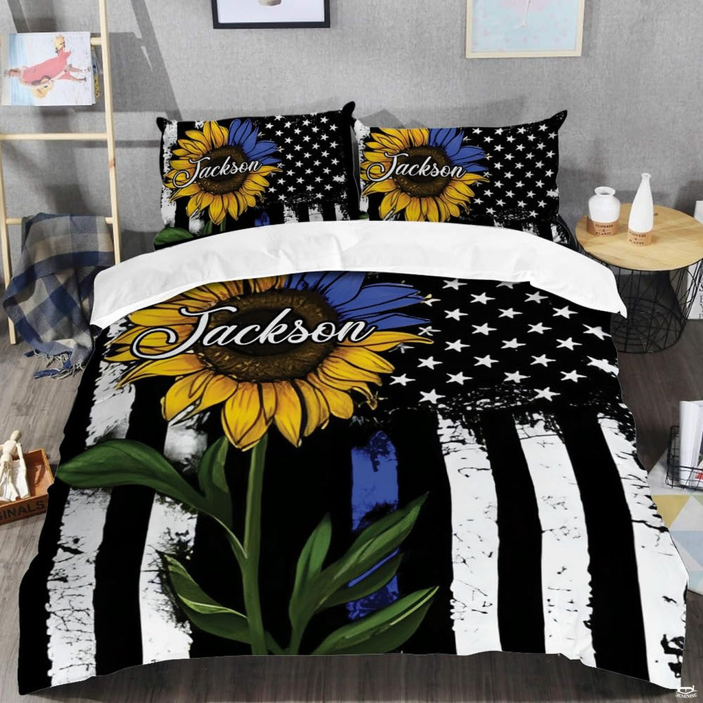 Floral flag bedding design shown in a modern bedroom with stars, stripes, and green leaves