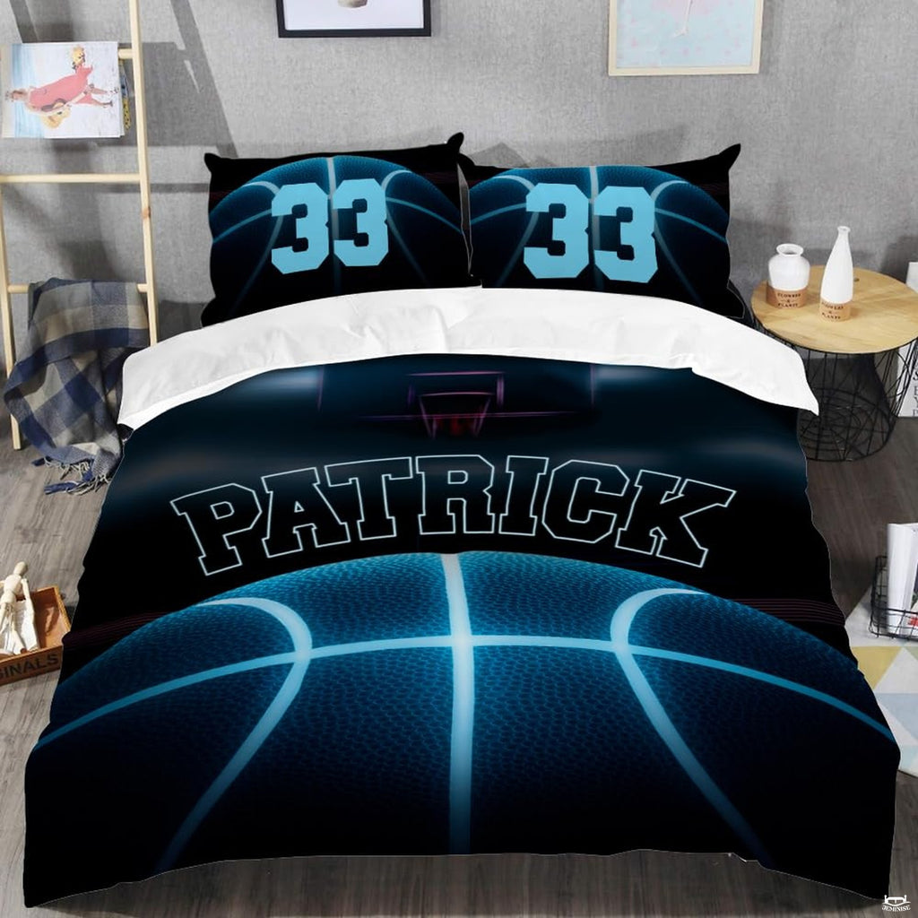 Close-up perspective of basketball bedding showing detailed cyan glowing lines and realistic pebble grain texture