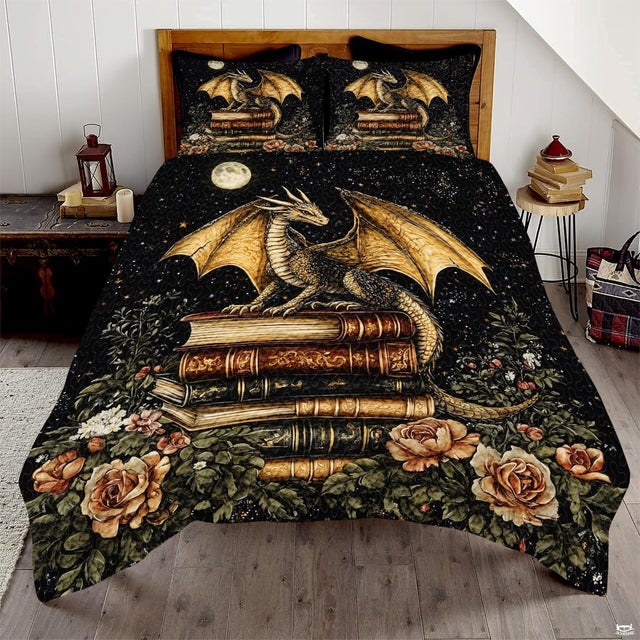 Gold dragon on antique books beneath a moon with roses