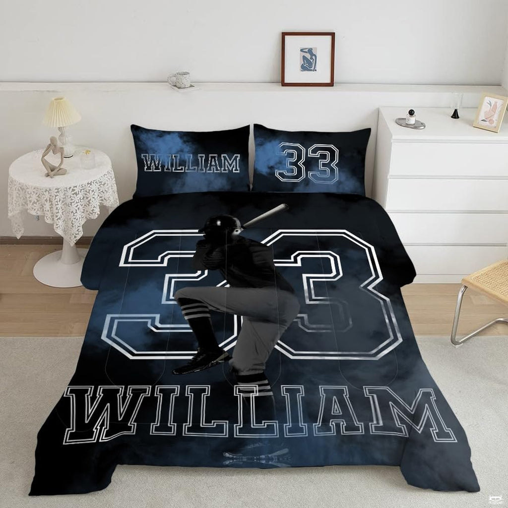 Baseball batter bedding featuring athlete in poised ready stance backed by blue stadium smoke and varsity numbers