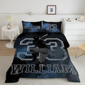 Baseball batter bedding featuring athlete in poised ready stance backed by blue stadium smoke and varsity numbers