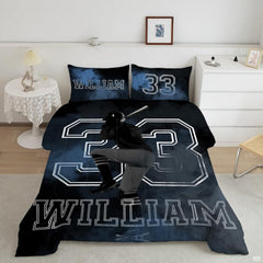 Baseball batter bedding featuring athlete in poised ready stance backed by blue stadium smoke and varsity numbers