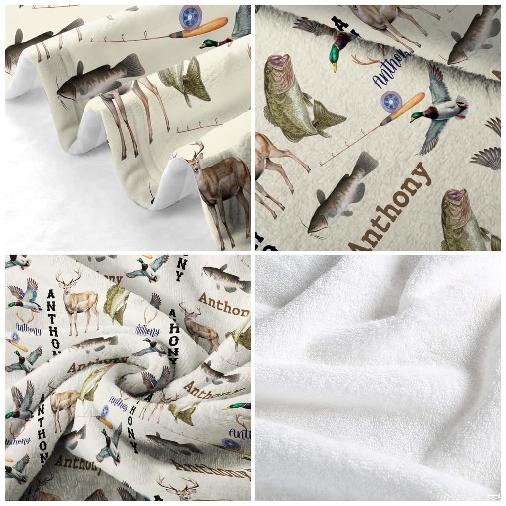Detailed perspective of the illustrated deer, flying duck, and jumping bass motifs on a throw blanket
