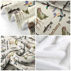 Detailed perspective of the illustrated deer, flying duck, and jumping bass motifs on a throw blanket