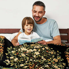 Detailed view of woodland wildflowers and spreading tree roots line artwork on Blanket.
