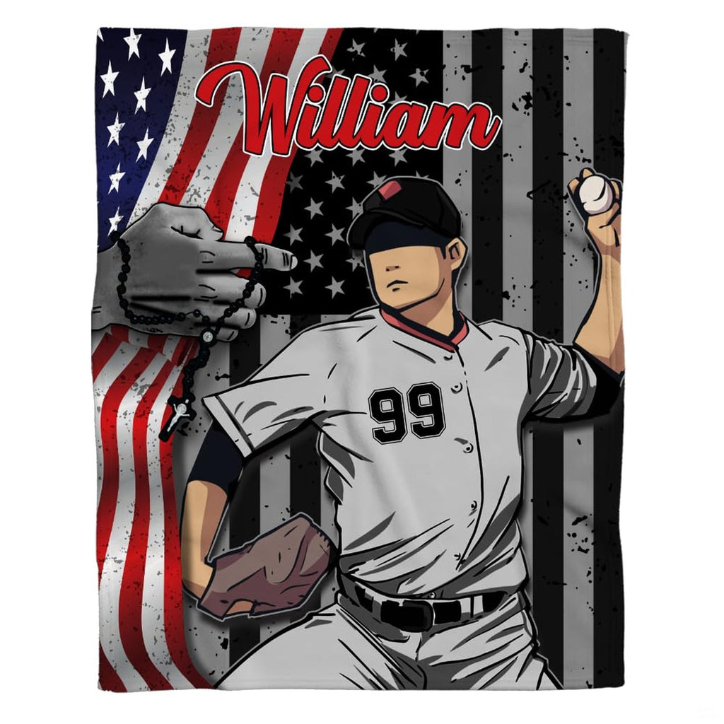 Patriotic baseball pitcher throw blanket featuring baseball pitcher mid-delivery over American flag and rosary