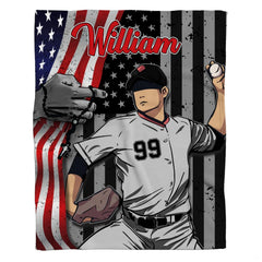 Patriotic baseball pitcher throw blanket featuring baseball pitcher mid-delivery over American flag and rosary
