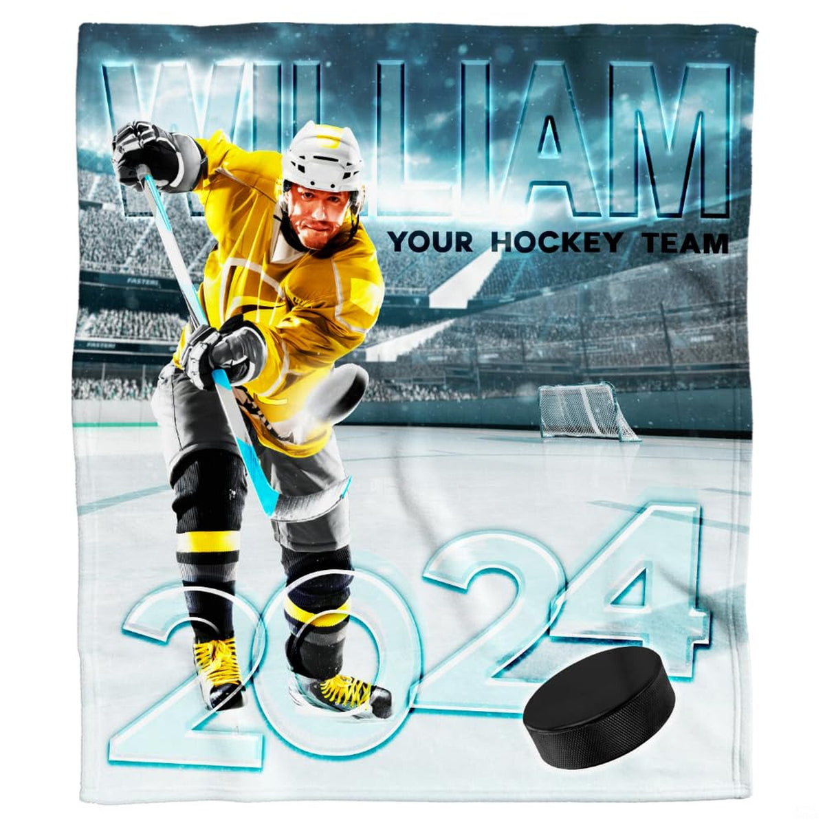 Ice hockey player taking a slapshot in a floodlit arena stadium, view 5.