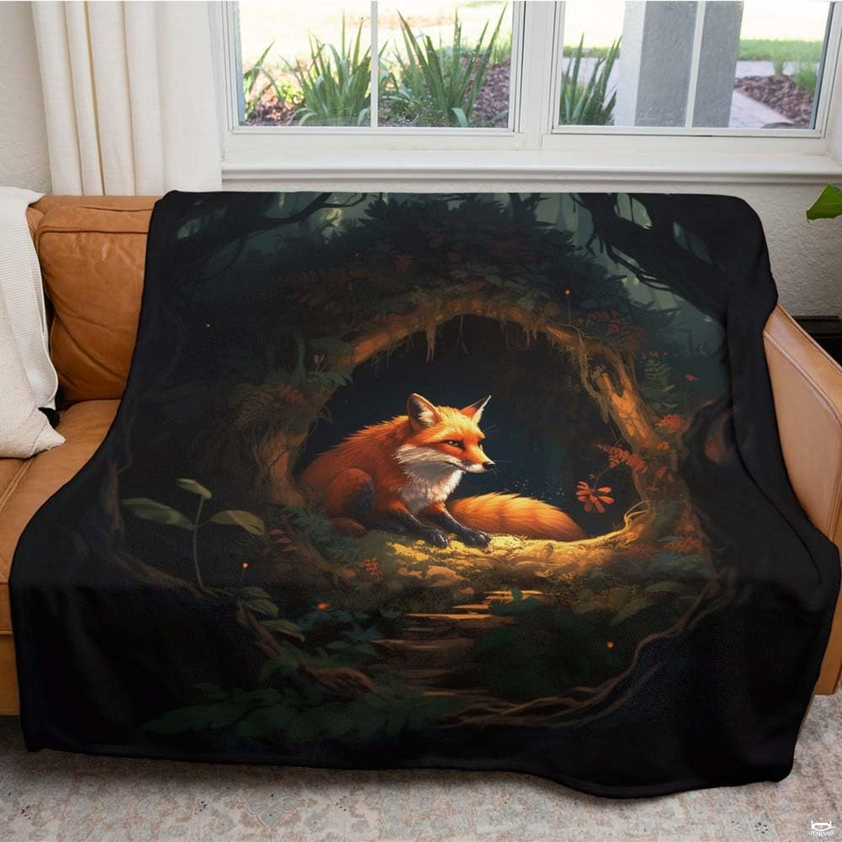 Close-up perspective of peaceful red fox and golden sunbeams inside woodland tree hollow blanket