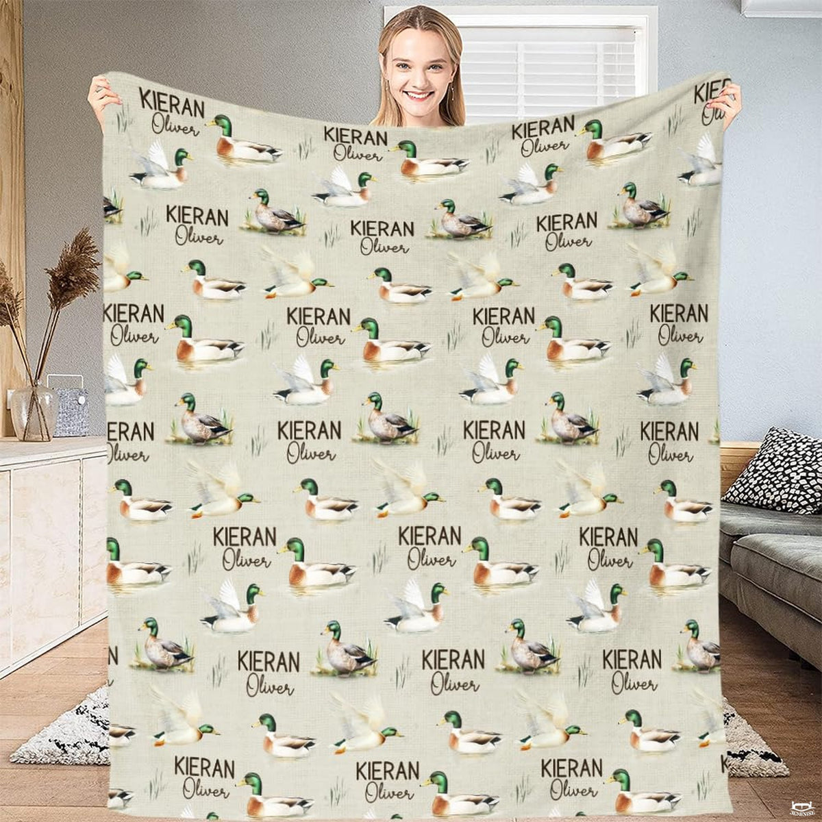 Mallard duck wildlife pattern throw blanket view 2 detailing watercolor drakes and reeds