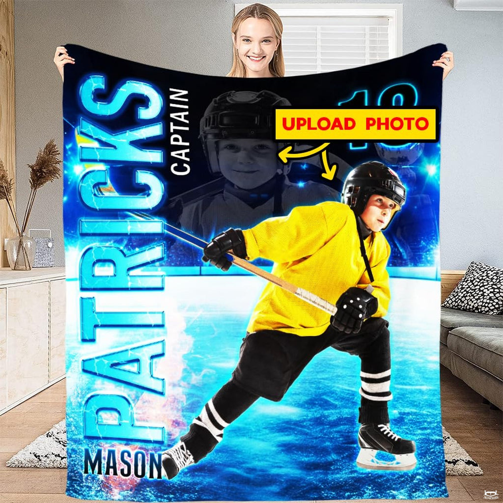 Youth ice hockey player throw blanket displaying athletic skater carving across electric blue ice