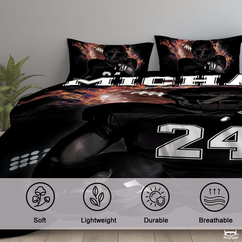 Custom Football Player with Burning Ball Comforter and American Football
