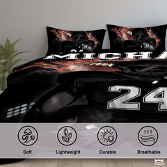 Close-up detail of football player graphic and fiery flame bursts on bedding.