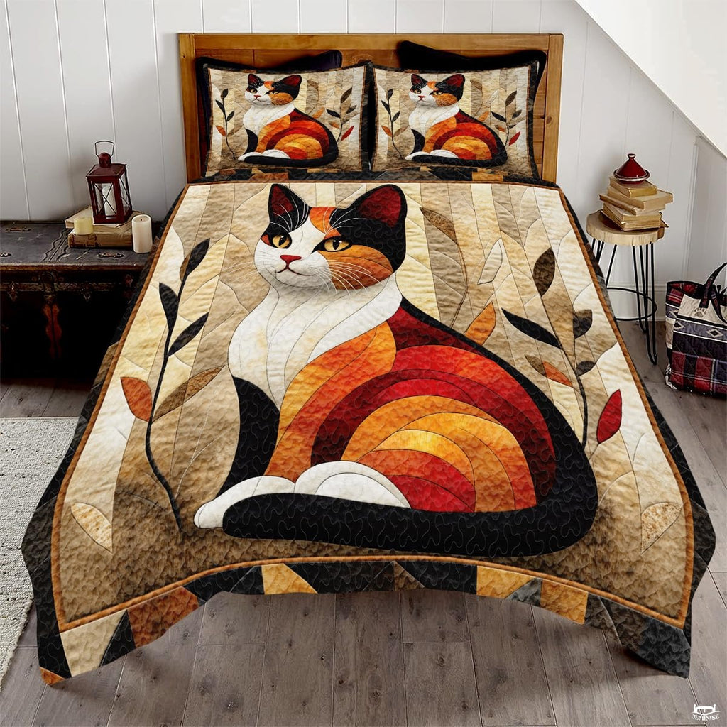 Cat Quilt Set - Cat Patchwork Style Printed Bedding, Animal Patchwork Bedset, Farmhouse Blanket with Pillowcases, Premium Quilt Pattern Bedding Set, Twin Full Queen Size
