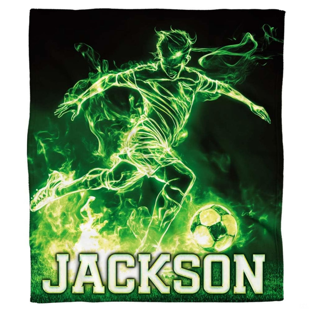 Electric neon soccer graphic textile laid flat in studio overview
