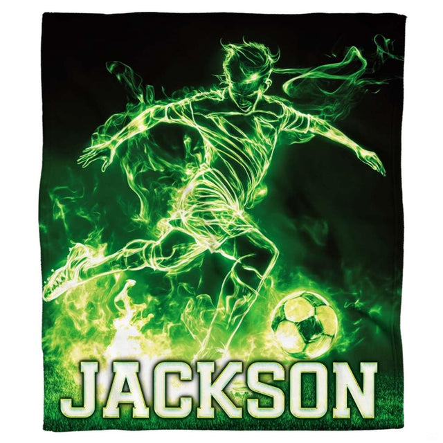 Electric neon soccer graphic textile laid flat in studio overview