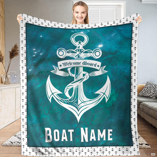 Nautical anchor ocean teal throw blanket featuring white ship anchor over rippling turquoise water