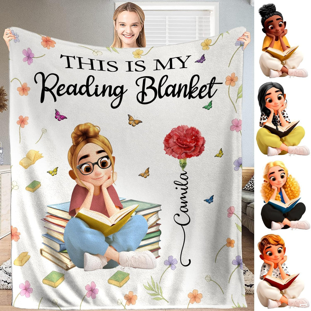 Carnation reader girl throw blanket displaying an illustrated girl seated on stacked books beside a red flower.